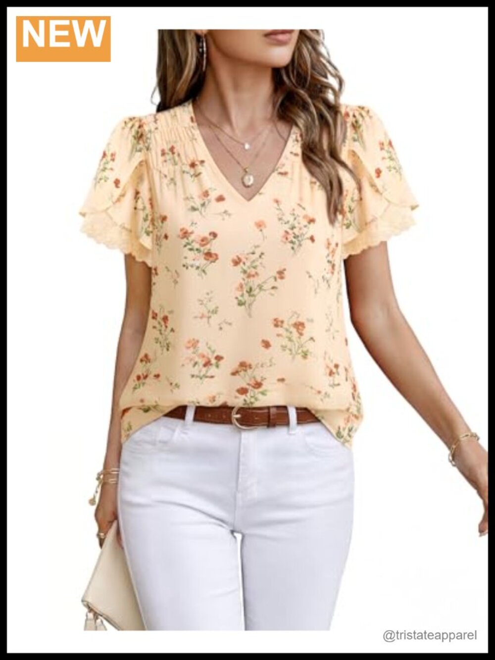 Women's Lace Petal Sleeve Blouse V-Neck Summer Top
